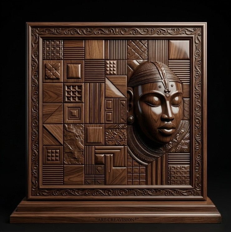 La Rêveuse de Lumière — Sculpture photographique bois noyer et marbre noir doré, Art-CreaVision